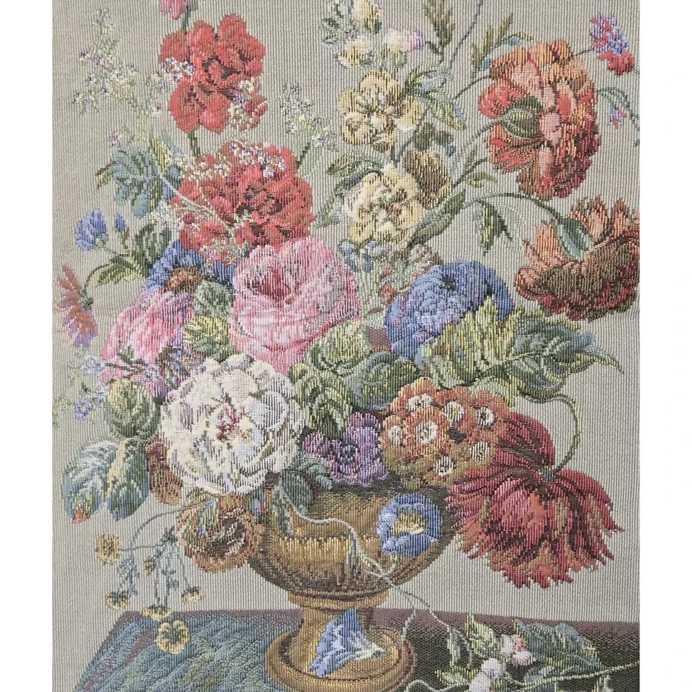 Vtg Metrax Belqium Floral Tapestry Wall Hang Vase Bouquet Gobelin Jacquard Art